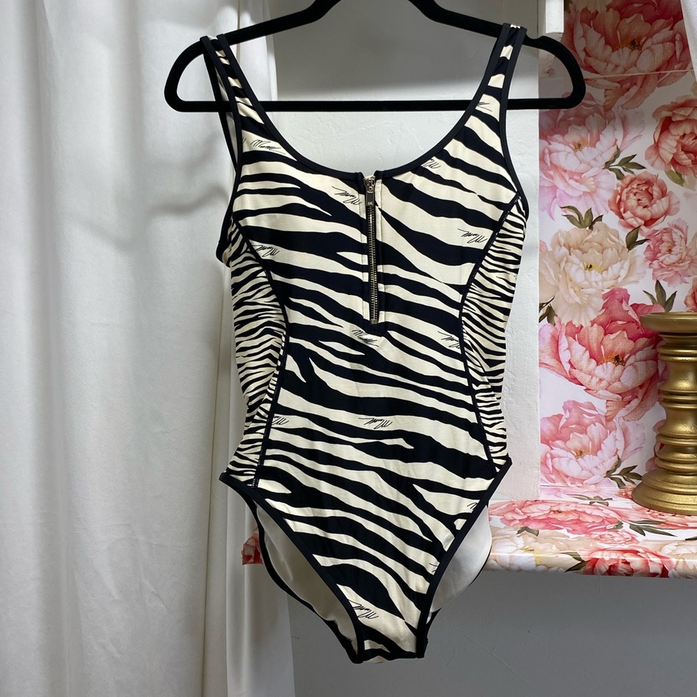 Michael Kors Beige Black Zebra Animal Print One Piece Swimsuit Zip Top